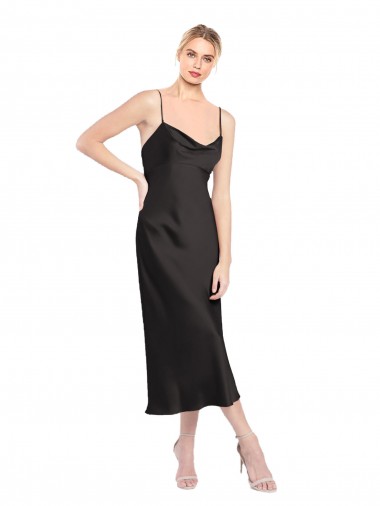 Discount Stretch Satin A-Line Midi Length Sleeveless Low Back Black Formal Dress