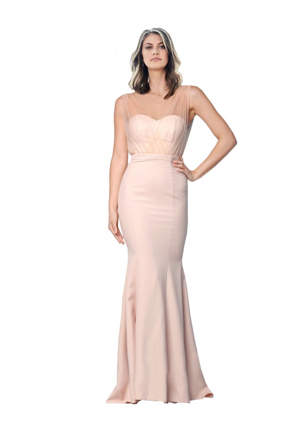 Discount Stretch Crepe & Tulle Sheath Long Sleeveless Low Back Formal Dress